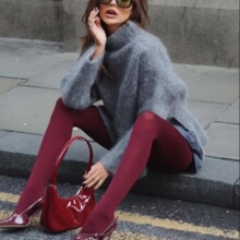 安哥拉红连裤袜女天鹅绒酒红色打底裤秋冬款高级复古红色显瘦丝袜