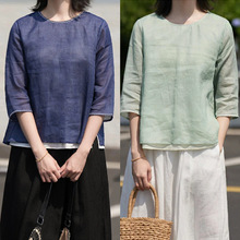 原创高端女装 新款100支纯苎麻衬衫轻盈薄款禅意复古宽松圆领上衣