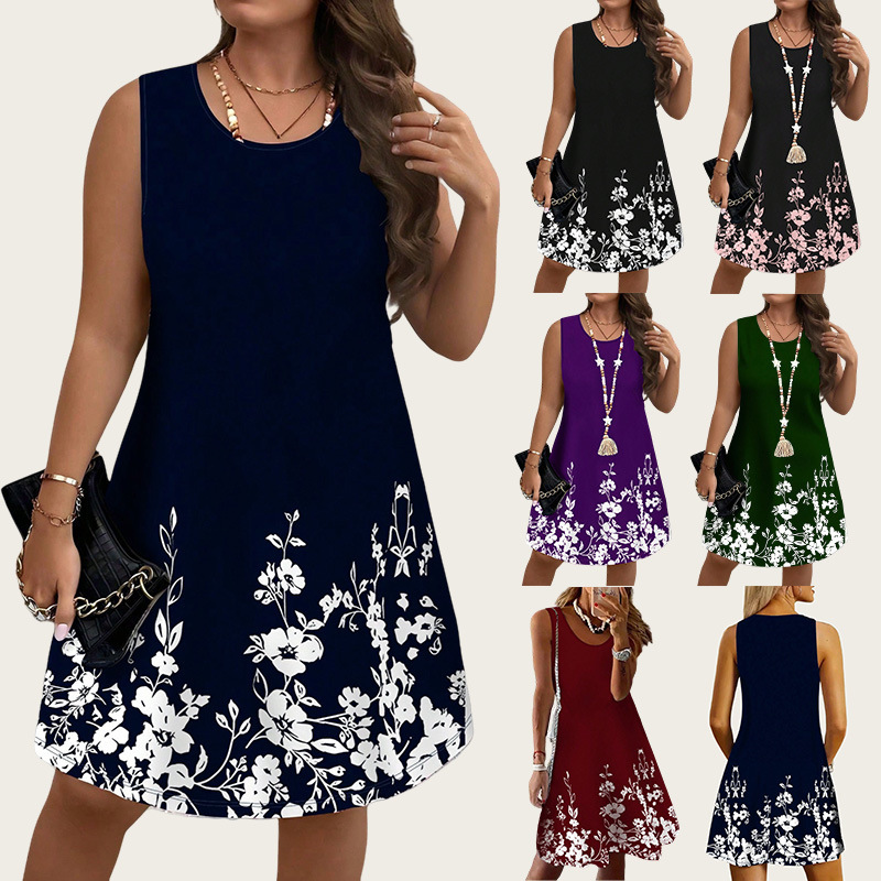 Foreign Trade Cross-Border European and American Plus-Size Women's Clothing, Fashionable, Casual, Elegant, Printed Sleeveless Vest, Round Neck Dress, Midi Skirt for Women