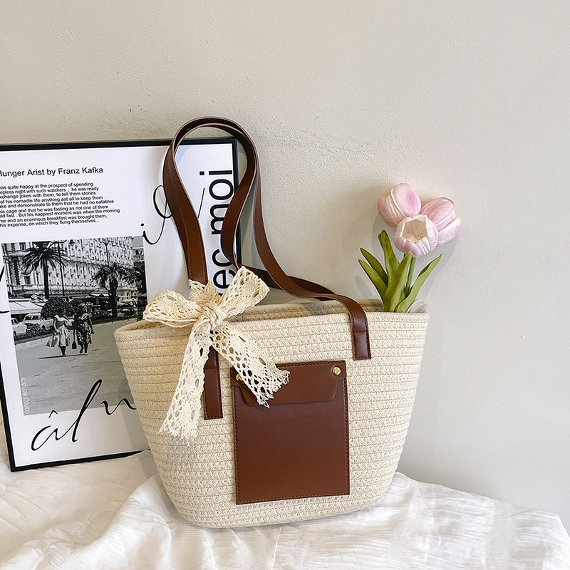 Damen Sommer Strohtasche Mit Farbblock Modische Umhängetasche_voghion.com