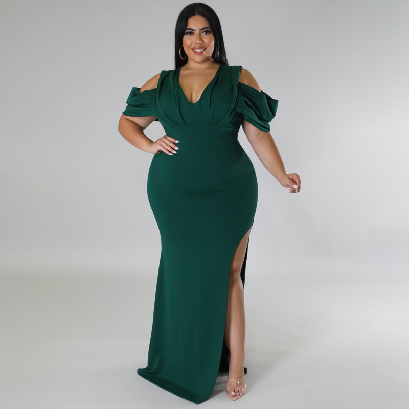 Plus Size High Slit V-Neck Fishtail Dress Milk Silk Knitted Flutter Sleeve Sexy Bodycon Maxi_voghion.com