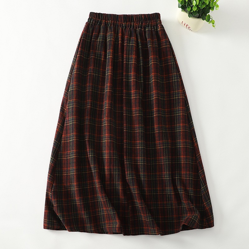 Retro plaid autumn demi-season woolen red colored long skirt