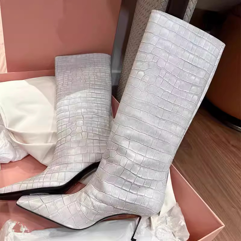 2026 New Model Mona Style Square-Toe High-Heeled White Riding Boots with Crocodile Pattern, High-Tube European and American Style Over-The-Knee Long Boots