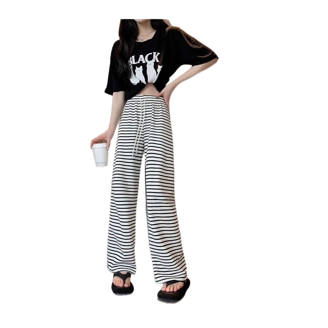 Verano femenino nuevo estilo pequeño cintura alta pantalones de rayas blancas y negras drapeado delgado pantalones de trapeador casuales rectos sueltos