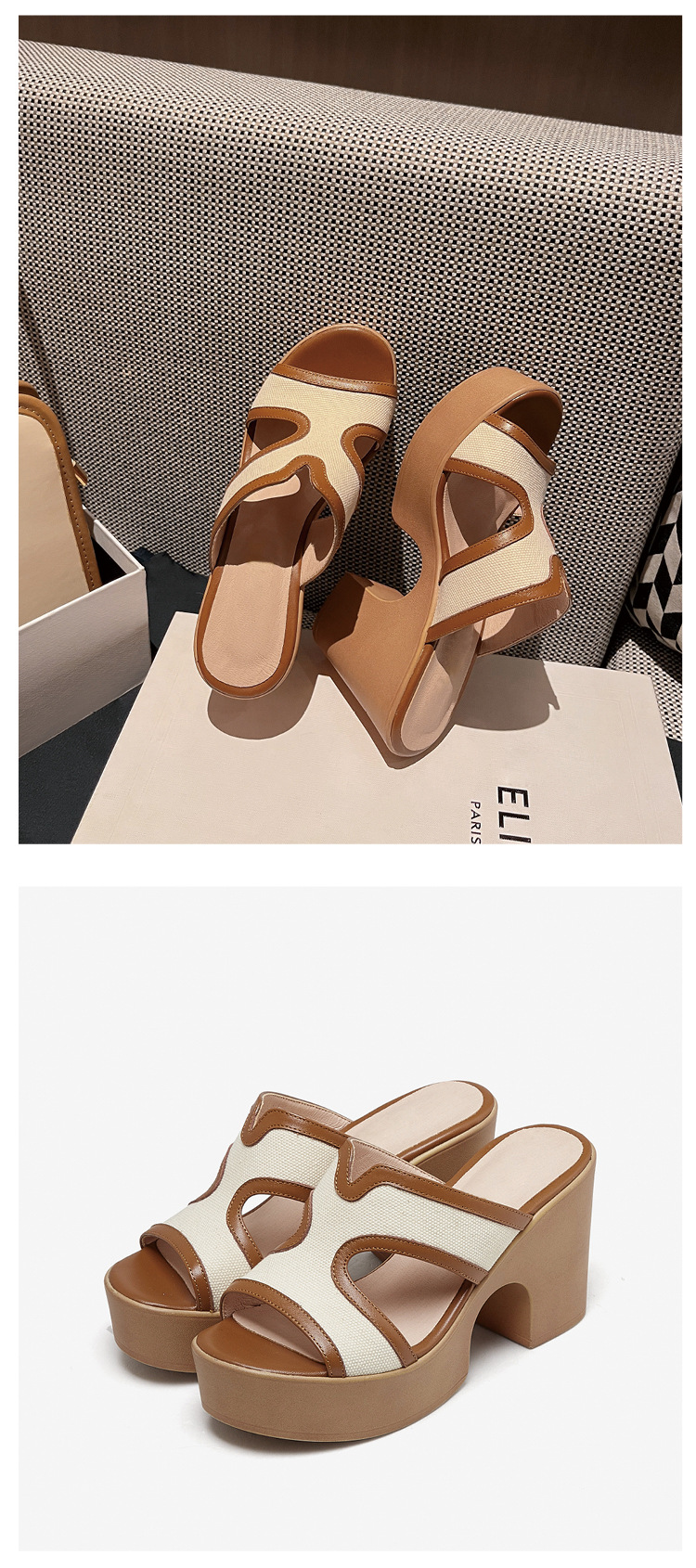 Dép sandal nữ quai chữ V da bò cao cấp đế xuồng dày, gót thô hở mũi, mùa hè — màu kaki chi tiết 19