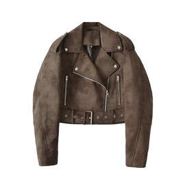 2025秋季新款欧美跨境女装街头时尚麂皮绒仿皮机车夹克短款外套女