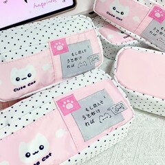 薄荷波点猫猫笔袋小红书同款大容量可爱猫咪主题学生帆布笔袋卡通