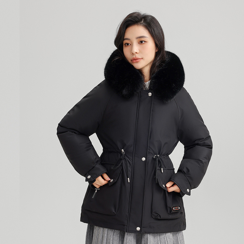 2025 invierno nuevo comercio exterior grueso para superar la cintura femenina delgada con capuzas cuello de cabello grande abrigo de algodón cálido