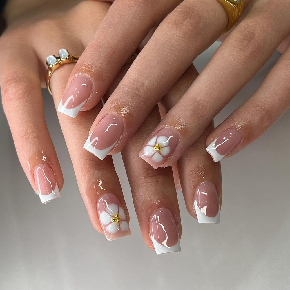 Parches de uñas estilo francés, uñas postizas con adornos de diamantes de imitación, uñas postizas de 24 piezas para la temporada de primavera.