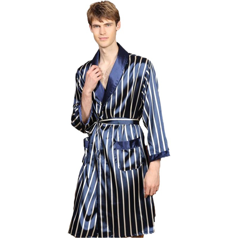 Camisón de seda artificial de una pieza de verano para hombres transfronterizos Albornoz de manga larga delgada pijamas Albornoz de rayas para hombres de verano para hombres