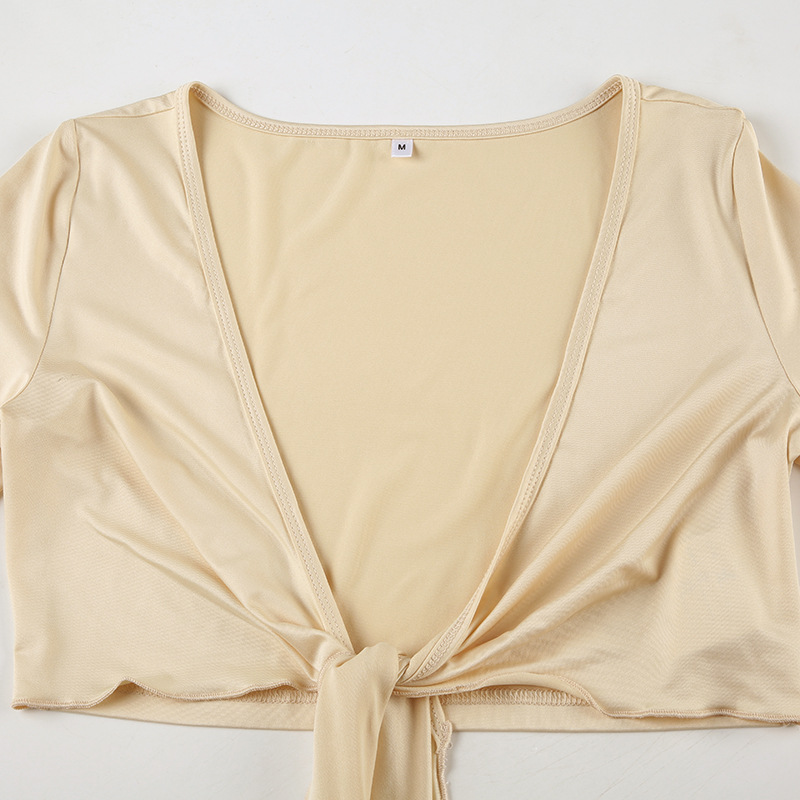European And American Sexy Style Basic Versatile Skin-colored Strap Low V-neck Ultra-short T-shirt For Women, Slim Fit,_ecoleips.com