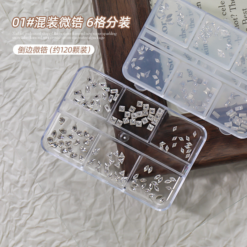 Celebridades de Internet de lujo ligero 5A joyería de uñas de alta calidad de alta transparencia plata y blanco chapado en el fondo circonita de punta redonda caja de subensamblaje de 6 compartimientos uñas DIY