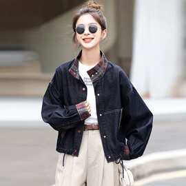 格子拼接翻领短款牛仔外套女2026春秋新款韩版宽松百搭夹克上衣潮