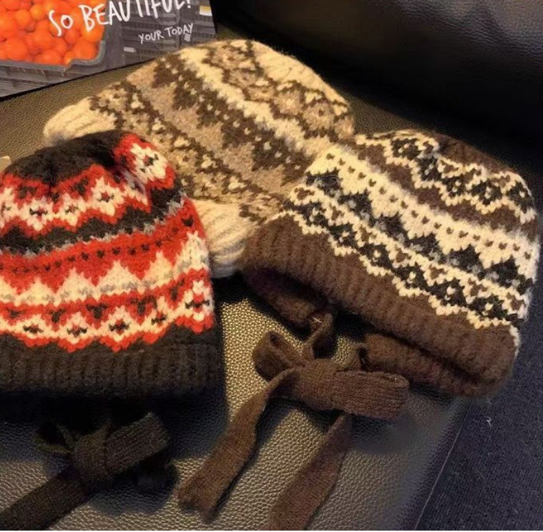 Nouveau chapeau de sac à double usage, protège-oreilles tricoté de style rétro pour pêcheur chaud, chapeau de style ethnique avec sangles, chapeau en laine_voghion.com