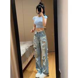 美式破洞设计夏季新款高腰显瘦裤潮阔腿感乞丐直筒牛仔裤女
