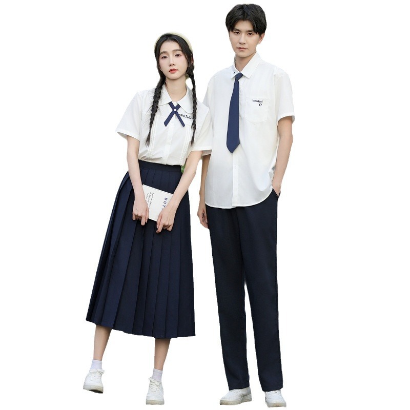 졸업 사진 JK 바람 2024 실제 사진 여름 커플 원피스 반팔 학생 셔츠 세트 원피스 클래스 원피스