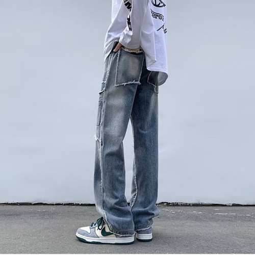Vibe American streetwear pants, trendy brand, cool and stylish, hitting the streets, retro vintage, frayed edge, patchwork, workwear jeans