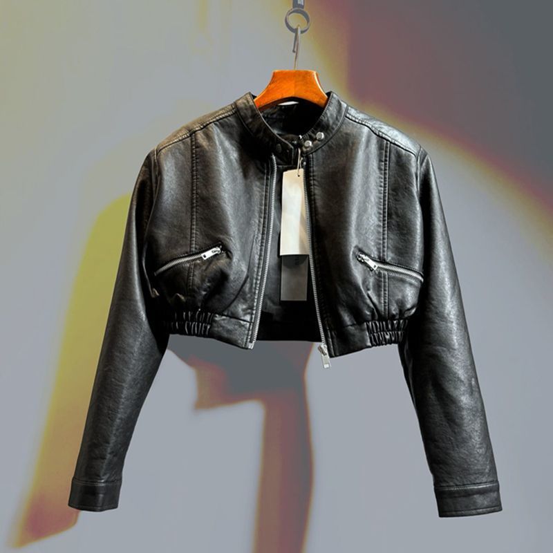 Trendy American-Style High-Waisted Short Leather Jacket for Women, 2025 Autumn New Stylish Petite Biker Leather Jacket