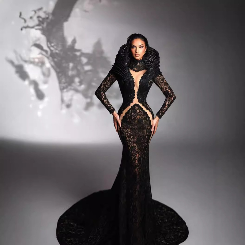 Foreign trade Europe and the United States new black lace high waist sexy mesh tight hip fishtail dress long evening dress