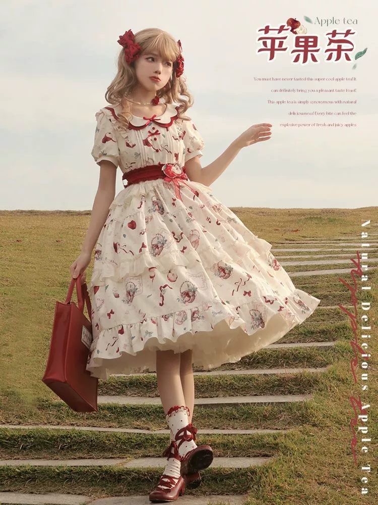Urtto оригинальное платье Лолиты с яблочным чаем и короткими рукавами в пасторальном стиле, элегантное и милое повседневное платье Лолиты