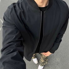 黑色短款cleanfit外套男秋季高级感正肩立领棒球服潮牌飞行员夹克