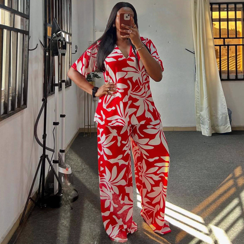 欧美女装大码印花V领休闲衬衣阔腿长裤非洲时尚宽松新款两件套女|undefined