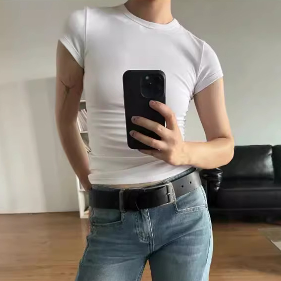 Niche Alrigh*T Basic Right Shoulder Slim Short-Sleeved Cotton T-Shirt Women's Cleanfit Spring and Summer Round Neck Embroidered Top