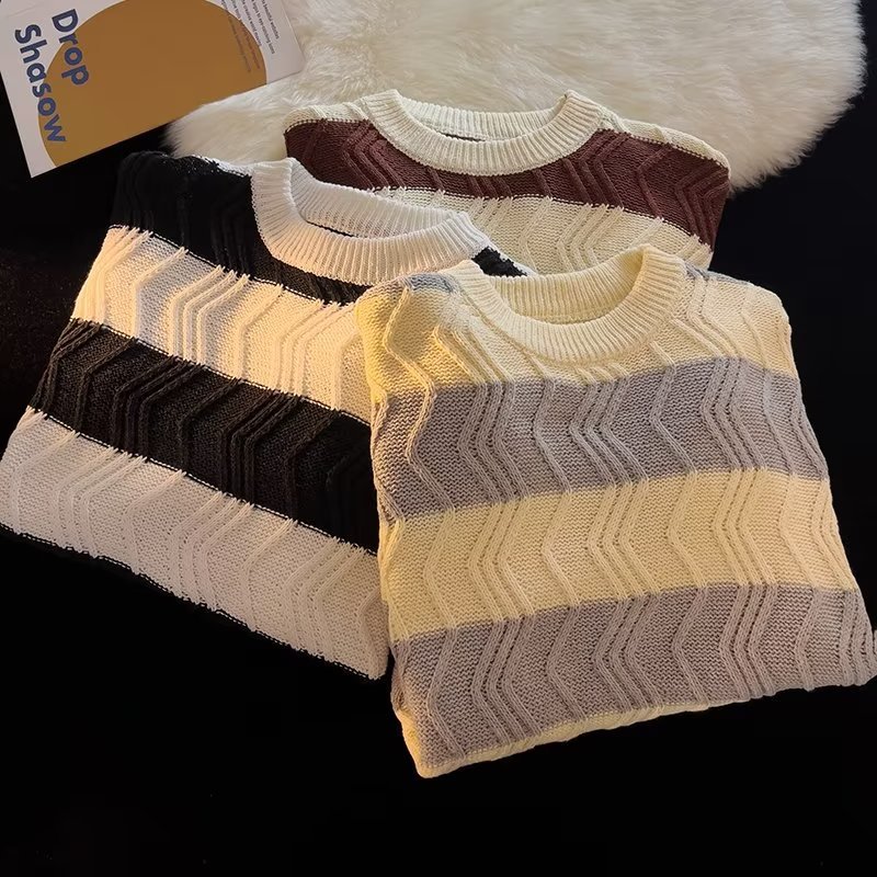 Herren Strickpullover Gestreift Retro Rundhals College Stil_voghion.com