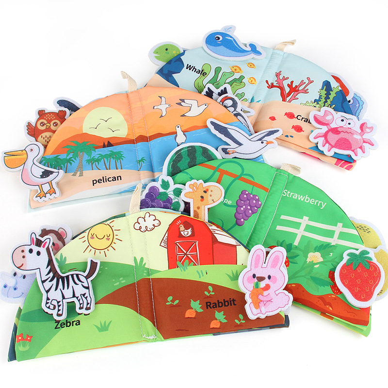 Libro de tela para bebés Velcro desgarrador libro animal forestal frutas libro tridimensional puede roer bebés preescolar libro de palma