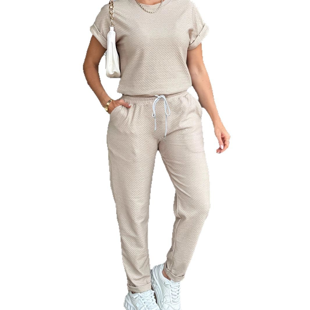 Spring Summer Women's Solid Color Sports Suit Casual Comfortable Style High Waisted Drawstring Top Versatile Short Sleeve_ecoleips.com
