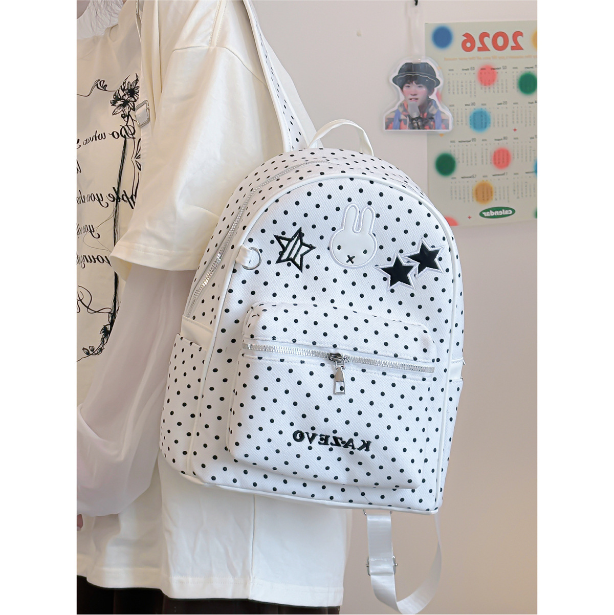 Polka Dot Backpack for Female Students, Cute Rabbit and Star Pattern, Large Capacity Backpack, Simple and Versatile Travel Bag