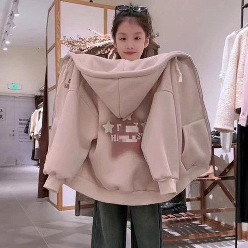 Women's and Children's Korean Style Open Cardigan Top with Letter and Fleece Lining, Trendy Hooded Jacket for  Autumn and Winter