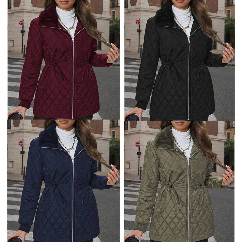 European and American Cross-Border Autumn and Winter New Product: Diamond-Patterned Quilted Mid-Length Cotton Coat with Built-In Drawstring at the Waist and Thick Plush Lapels European and American Cross-Border Autumn and Winter New Product: Diamond-Patterned Quilted Mid-Length Cotton Coat with Built-In Drawstring at the Waist and Thick Plush Lapels