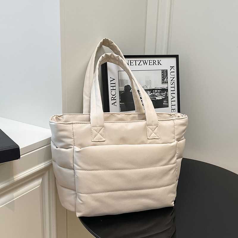 简约百搭绣线手提包纯色休闲通勤旅行单肩包女大学生多隔层托特包