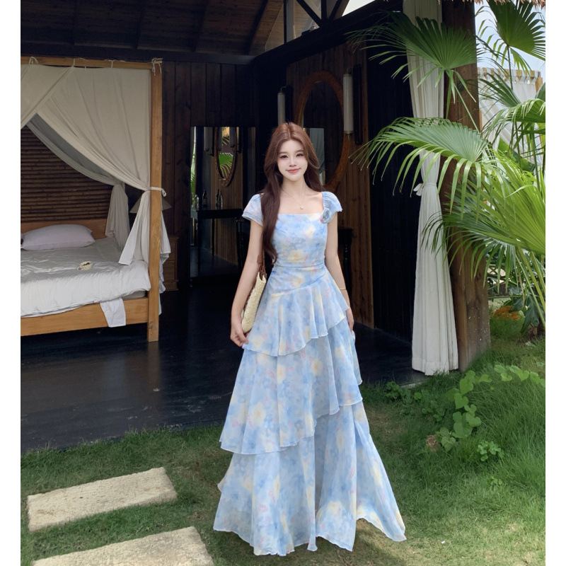 Transfronterizo 2026 verano nuevo estilo de moda francesa chica vestido de flores cortas de corte corte vestido de cintura delgado