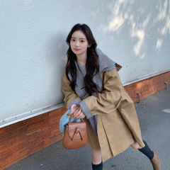 欧美风韩版格子拼接设计大衣外套女春夏款新款小个子连帽夹克风衣