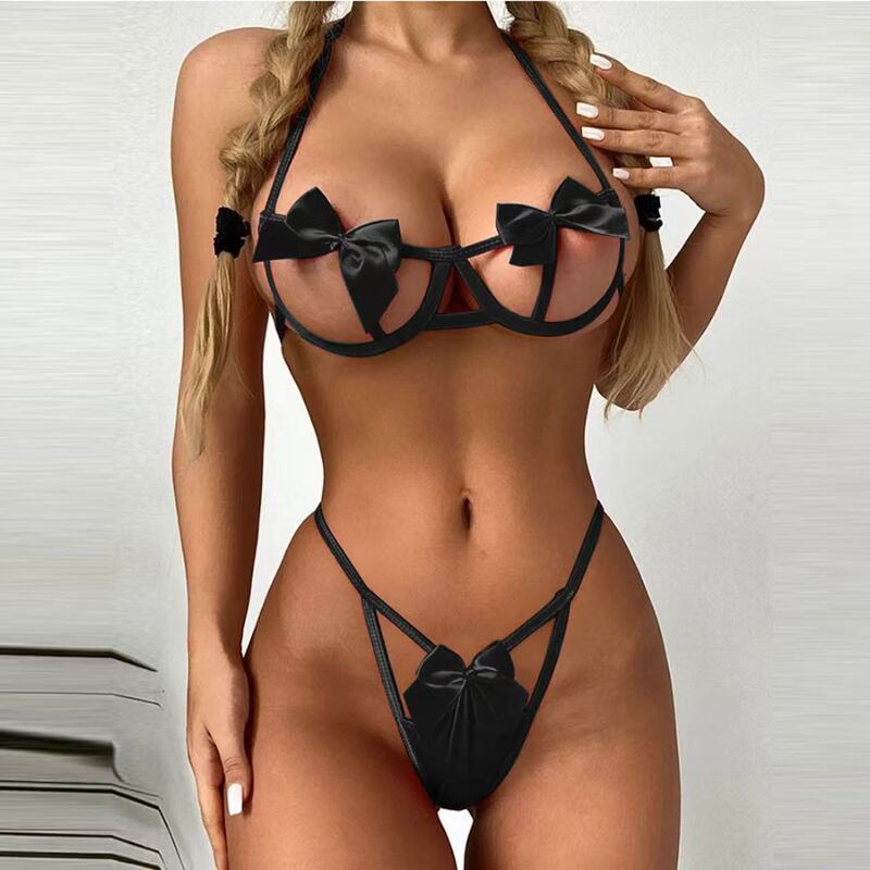 European and American Cross-Border Sexy Underwear Underwire Bow Hollow Bikini Bra and Panties Three-Point Suit Dropshipping