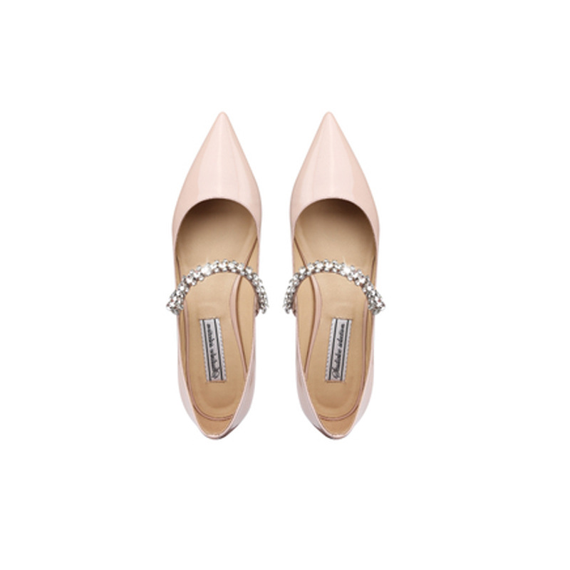Zapatos planos rosados desnudos de una sola capa para las mujeres 2022 verano nuevo estilo coreano señaló rhinestone boca baja estilo de hadas talón plano zapatos de barco de fondo suave