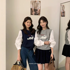苏珊 2025秋季新款卡通图案刺绣针织外搭叠穿假两件毛衣女TW763