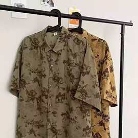日系复古原宿碎花衬衫男女夏季古着vintage中性港风宽松短袖衬衣