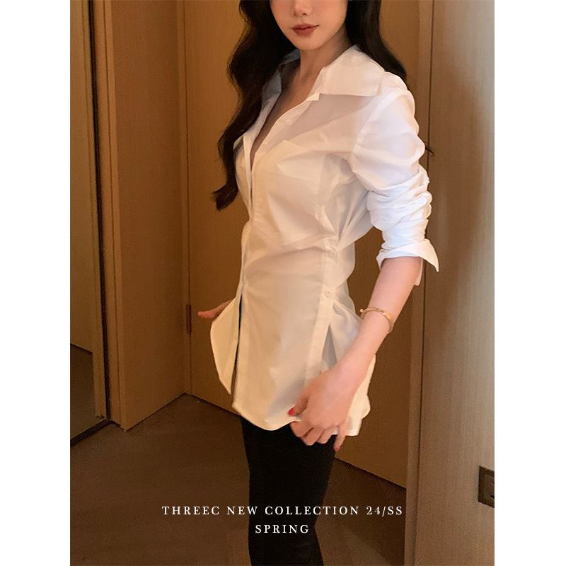 Sanxi Threec "The Desire of Hidden Shirt" Tight White Shirt Women's 2025 New Design Niche Shirt Top