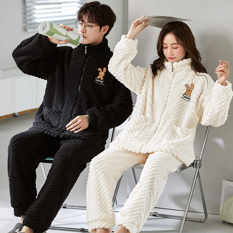 情侣睡衣冬季珊瑚绒保暖加厚加绒拉链可爱法兰绒男女家款居服套装