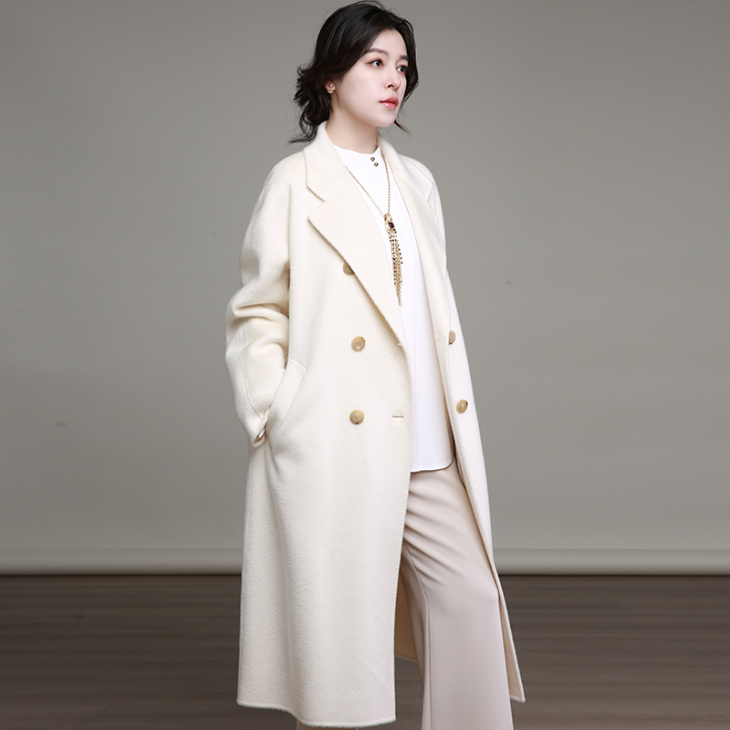 2025冬季新款羊毛外套女廓形双排扣白色双面纯羊绒大衣加长款女装|undefined