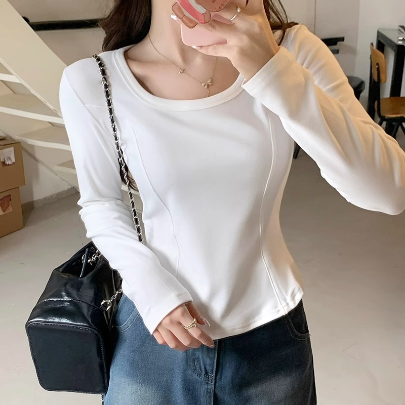 保暖长袖t恤女早秋2025新款弧形下摆德绒修身内搭打底衫短款上衣