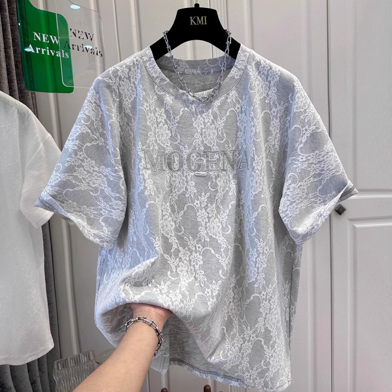 [Fat Sister] European plus size High-end Lace Short-sleeved T-shirt Women's Summer Loose Korean-style All-match Top