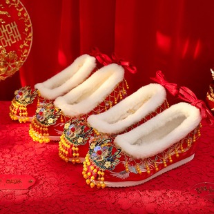 New Autumn and Winter fleece-lined Tassel Hanfu Inner Height Increasing Soft Bottom Vintage Embroidered Shoes Ancient Embroidered Shoes Autumn and Winter Dance