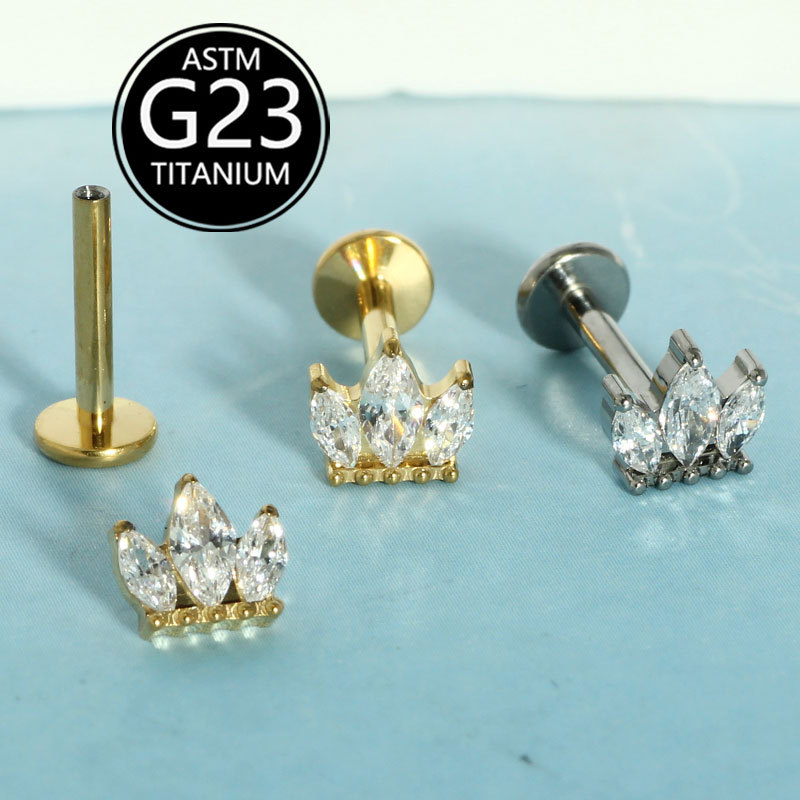 G23 Titanium Marquise CZ Crown Lip Labret Stud Internally Threaded Piercing Jewelry detail image 3