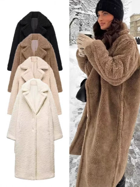 TRAFZA Keep-Warm Long Velvet Coat, Imported European Style, Black/Khaki/Apricot, Sizes XS-L