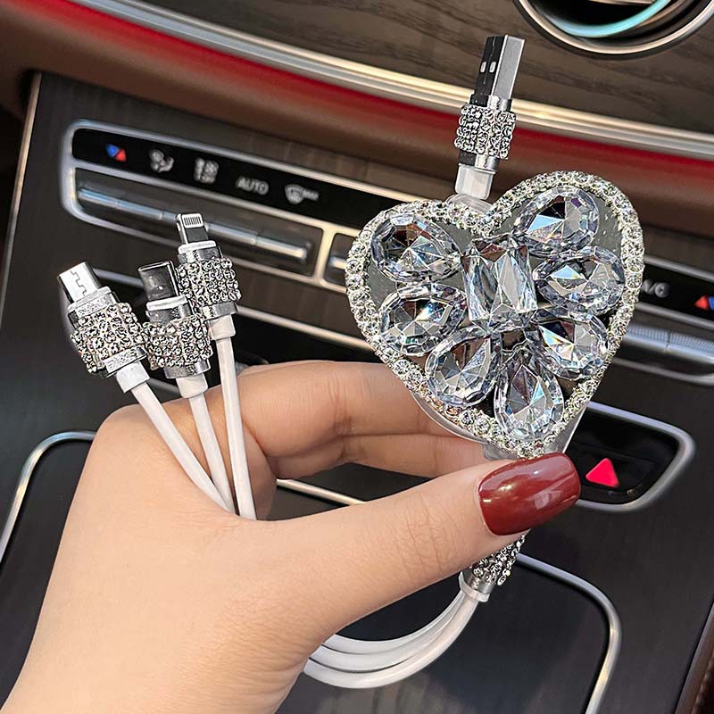 Diamond-encrusted data cable three-in-one car charging cable multifunctional retractable portable storage three-port tpyec charging
