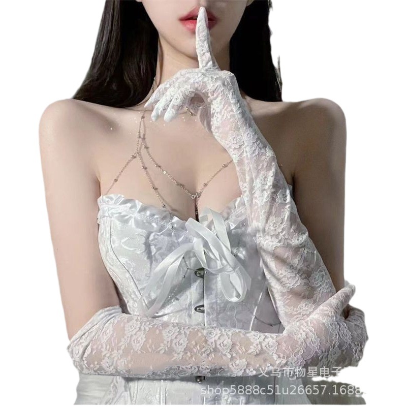 Vestido DE BODA retro manga de la mano de las mujeres guantes de encaje largo negro delgado de las mujeres de alto grado chica caliente sexy puro deseo retro fotografía